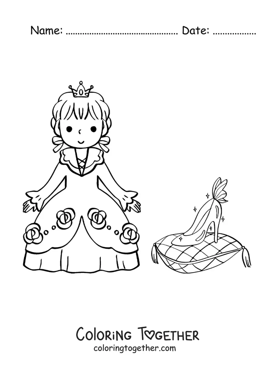 Coloring page of kawaii Cinderella with the glass slipper