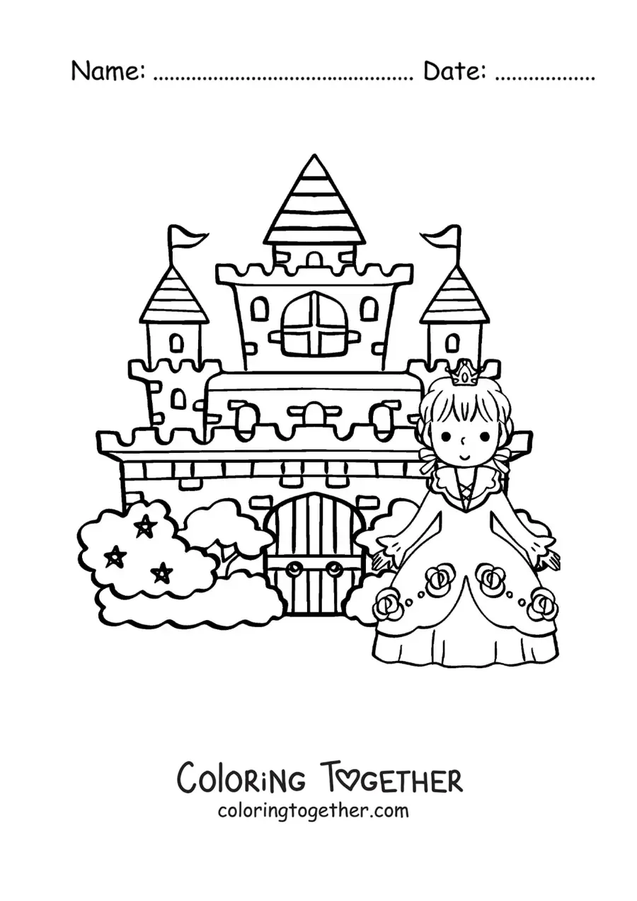 Coloring page of kawaii Cinderella at the castle