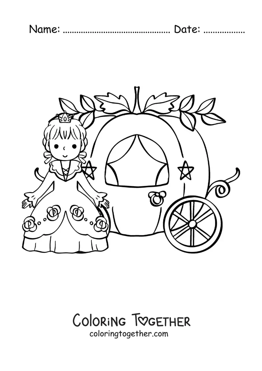 Coloring page of kawaii Cinderella in the carriage