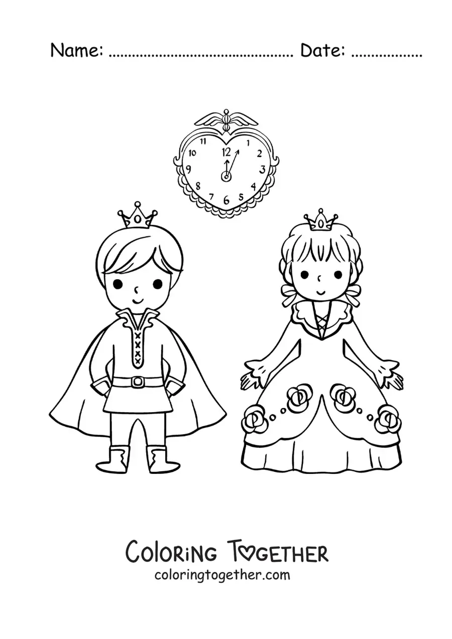 Coloring page of Cinderella and the prince at midnight
