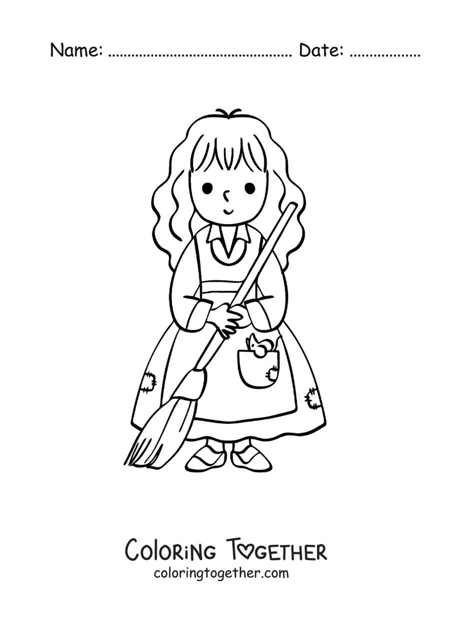 Coloring page of kawaii Cinderella cleaning