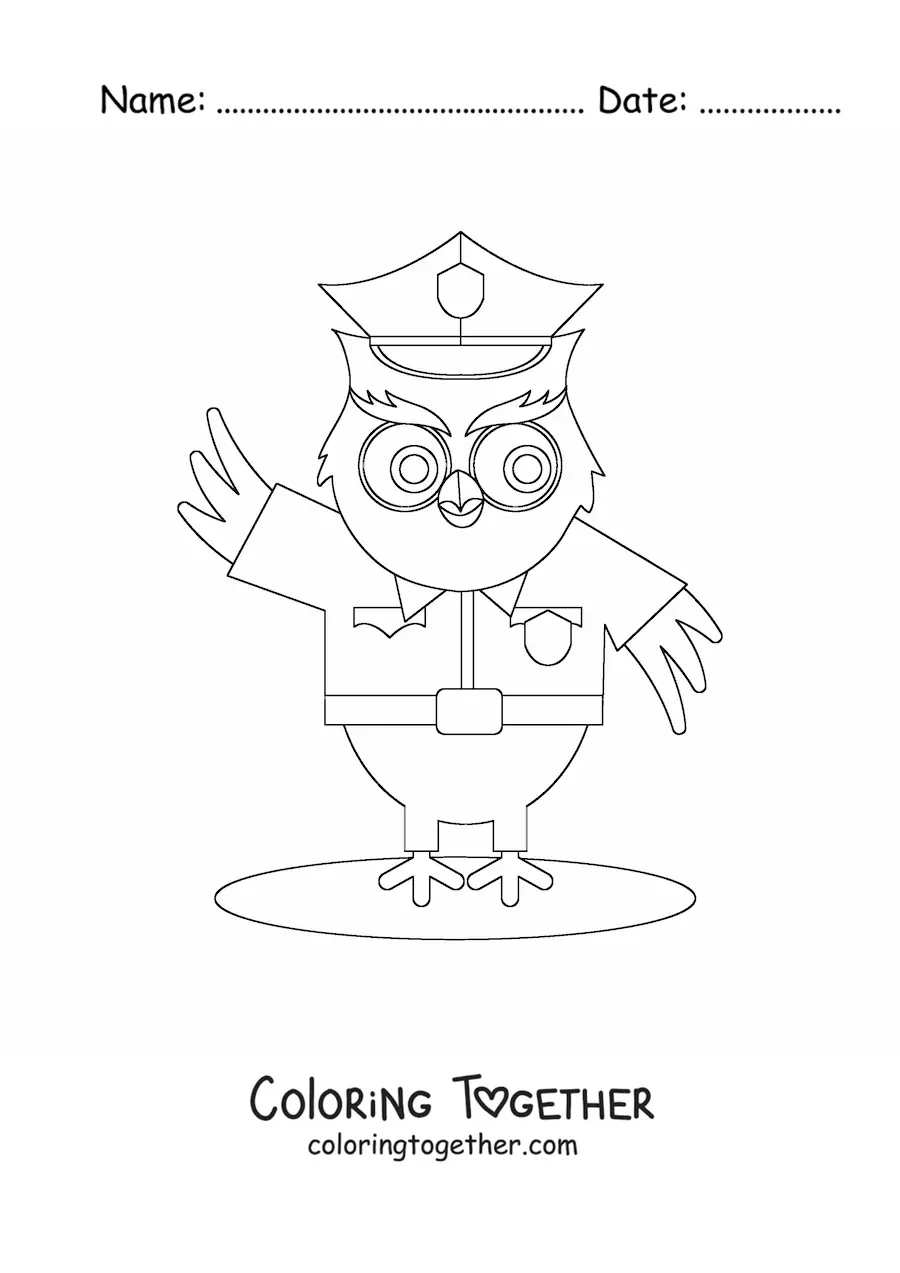 Coloring page of an animated owl wearing a police uniform