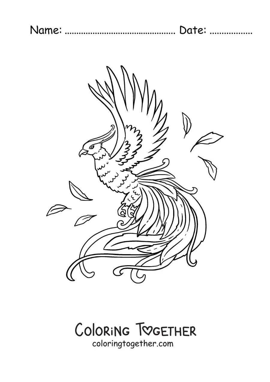 Coloring page of a phoenix bird flying