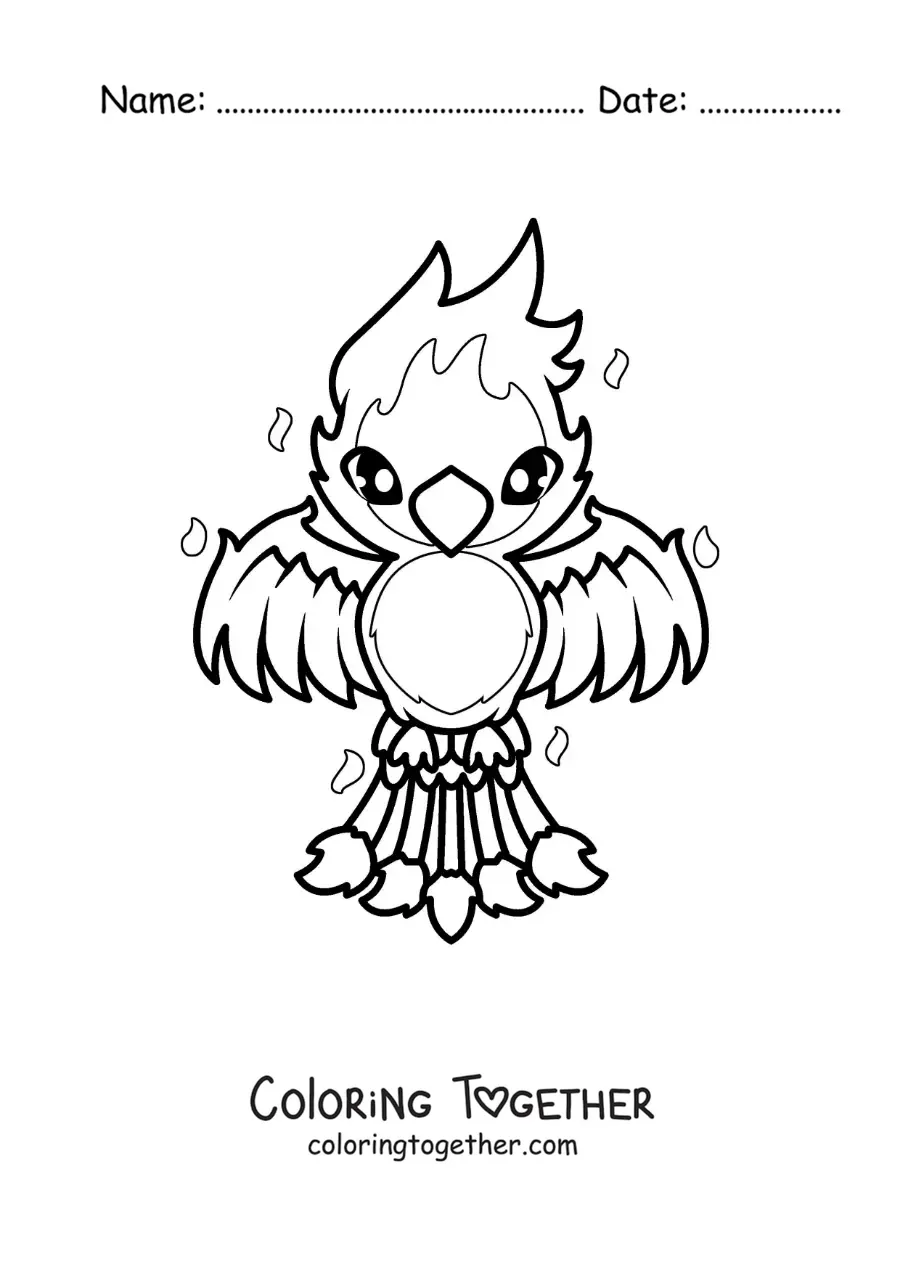 Coloring page of a kawaii phoenix in flames
