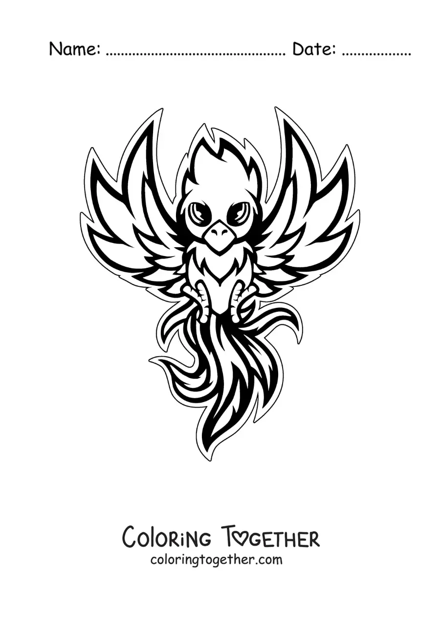 Coloring page of a cartoon kawaii phoenix