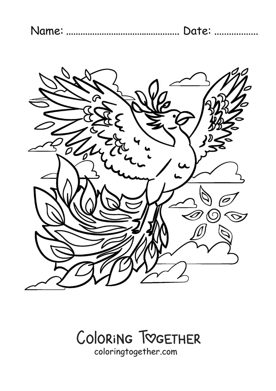 Coloring page of a fire phoenix flying