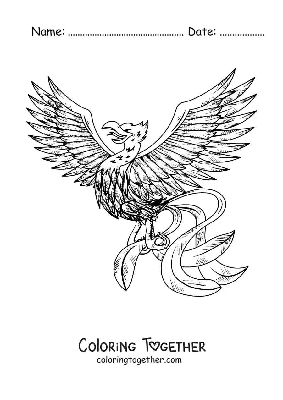 Coloring page of a phoenix bird