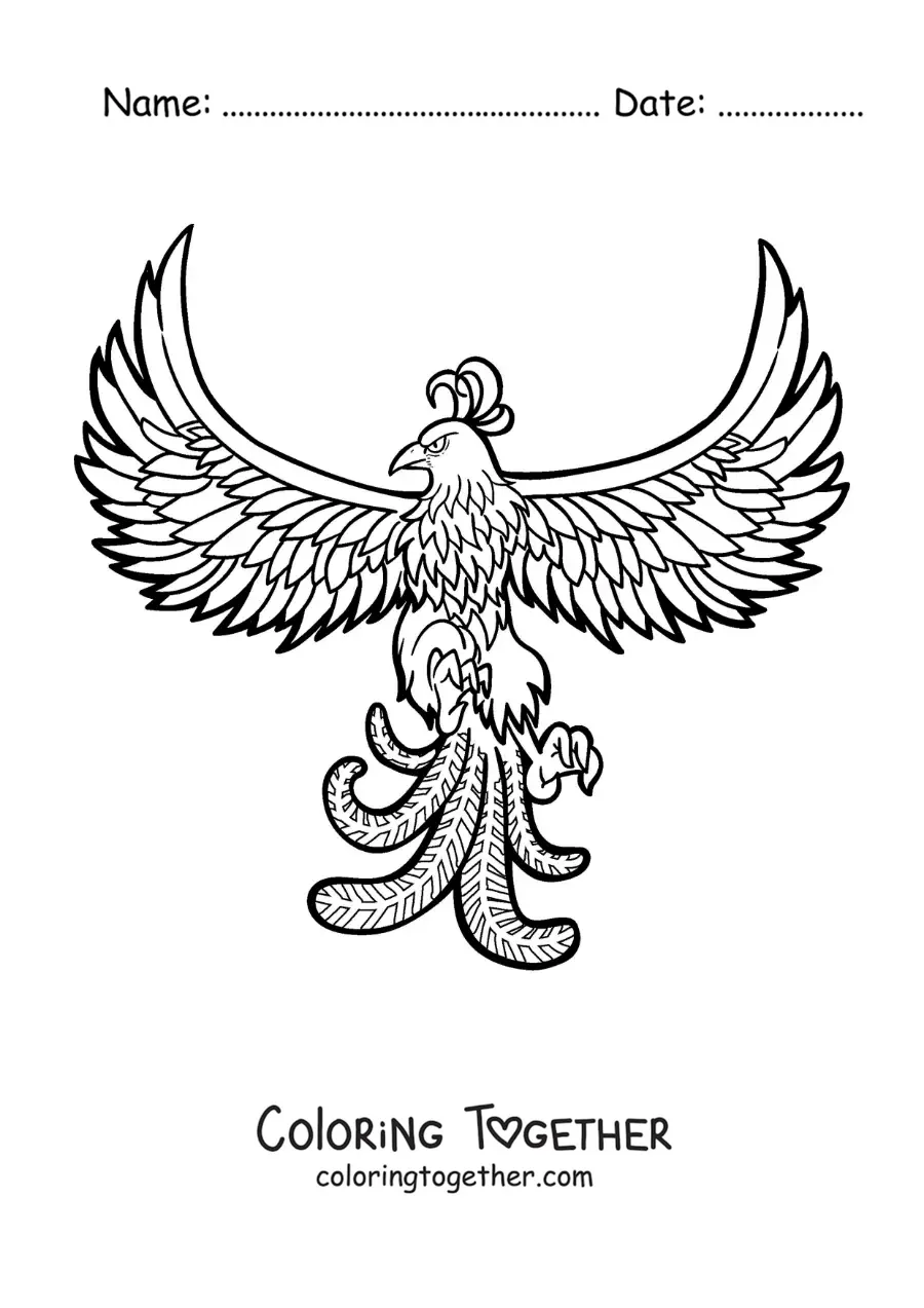 Coloring page of a phoenix bird flying