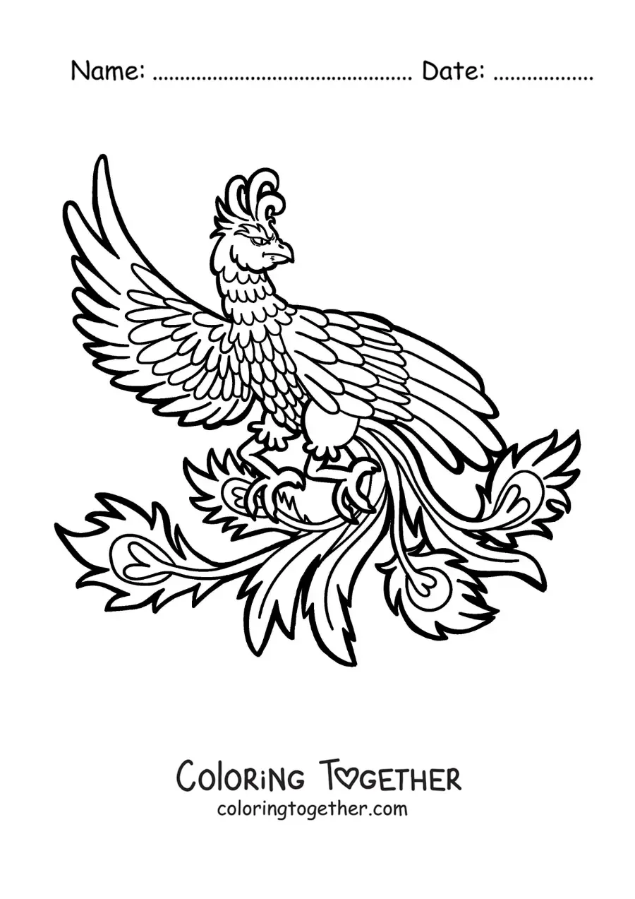 Coloring page of a phoenix bird of fire