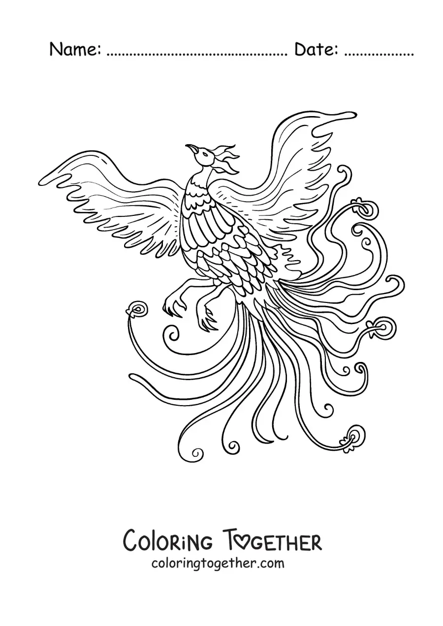 Coloring page of a phoenix bird being reborn