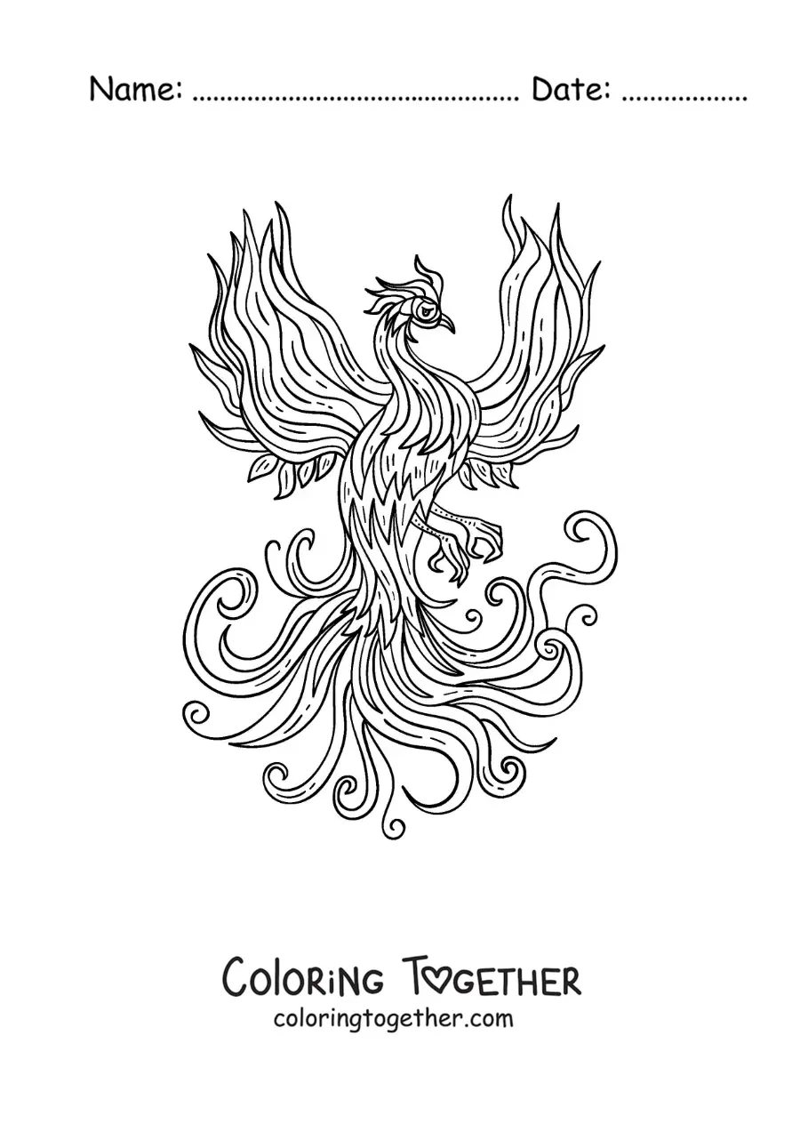 Coloring page of a phoenix being reborn