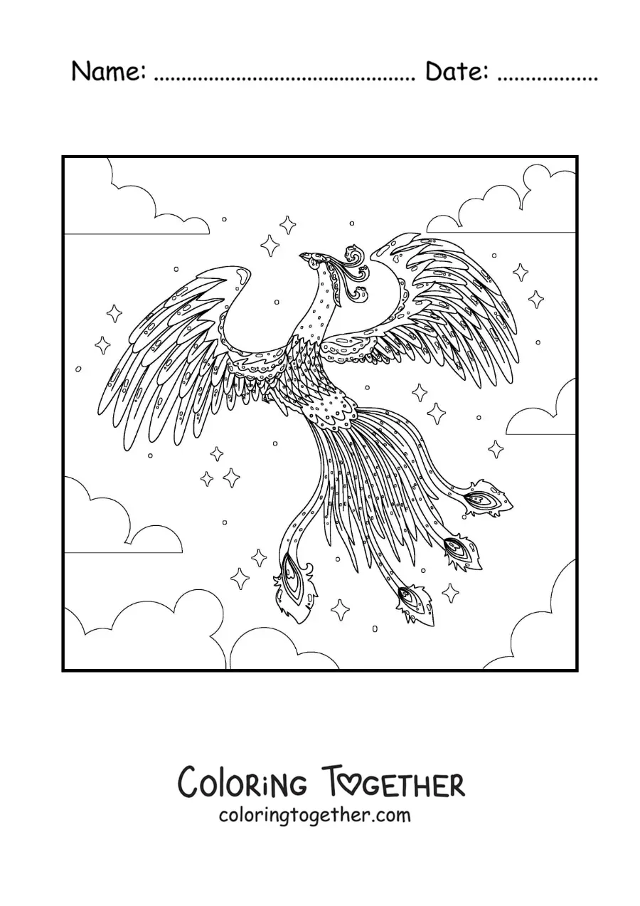 Coloring page of a magic phoenix flying