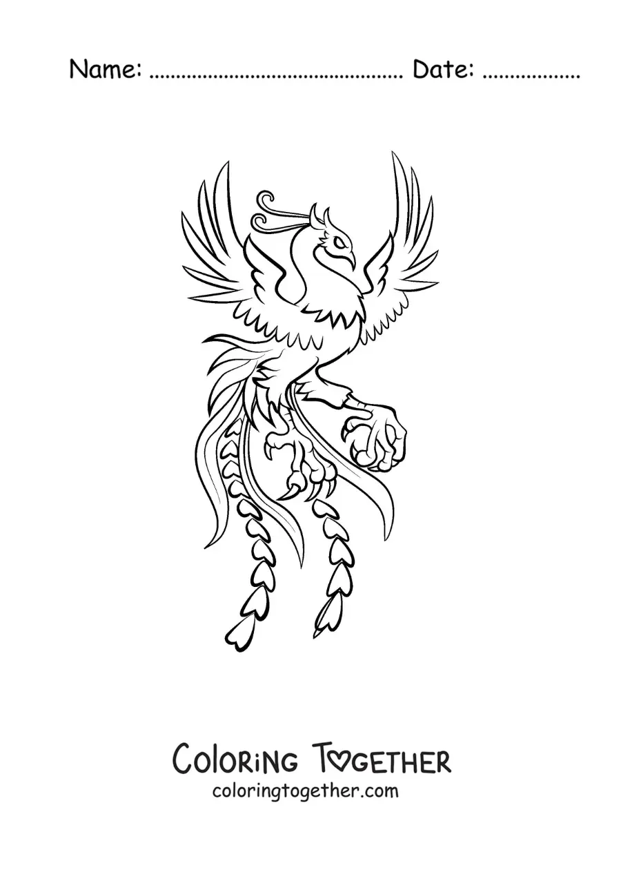 Coloring page of an animated fire phoenix