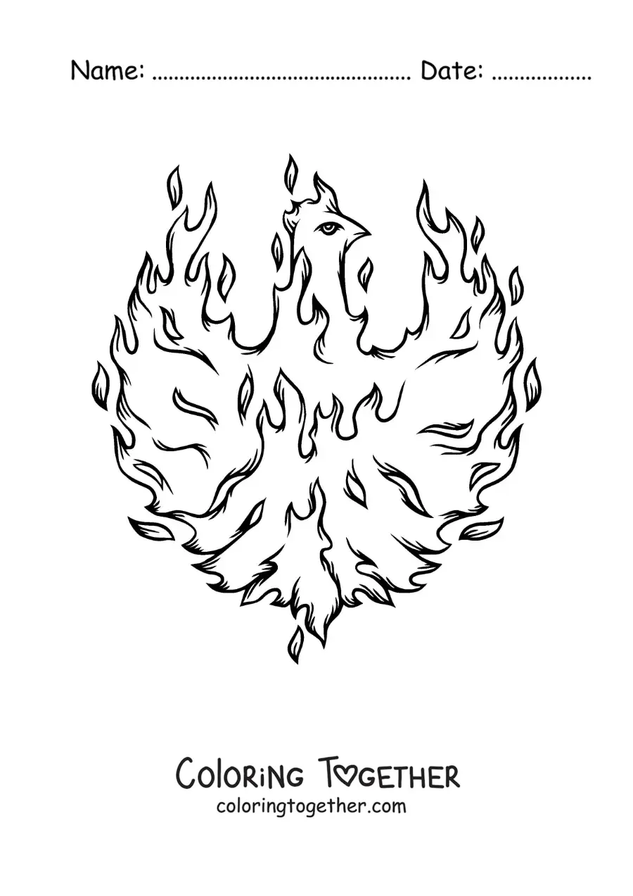 Coloring page of a phoenix bird in flames