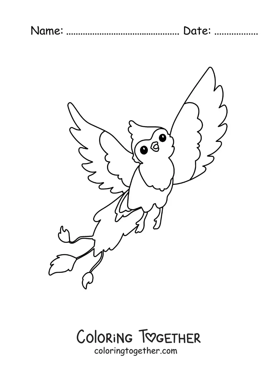 Coloring page of a cartoon kawaii phoenix bird
