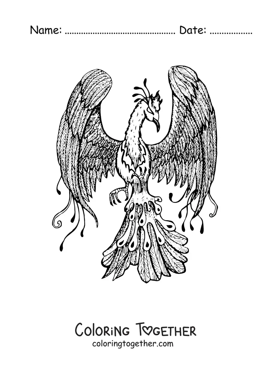 Coloring page of a realistic phoenix