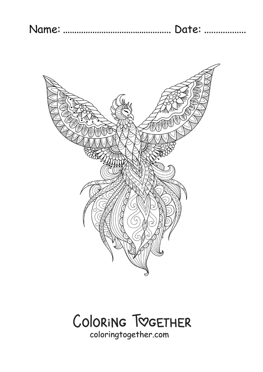 Coloring page of a phoenix mandala