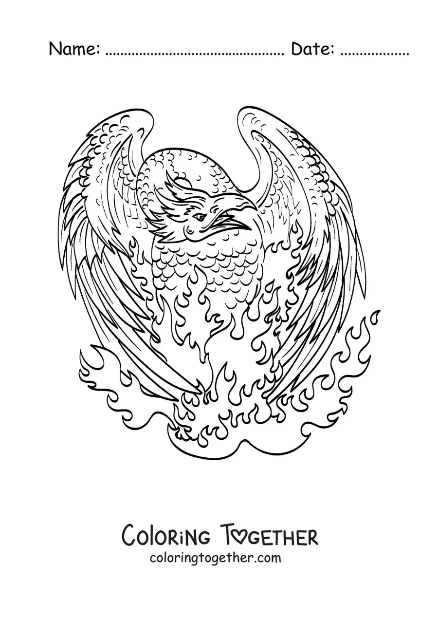 Coloring page of a phoenix in flames being reborn