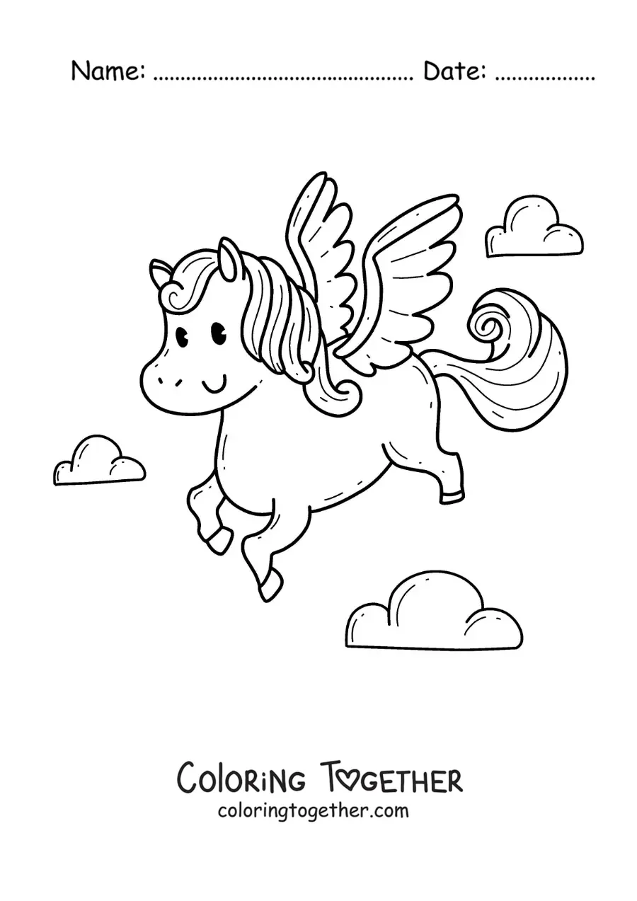 Coloring page of a kawaii Pegasus flying