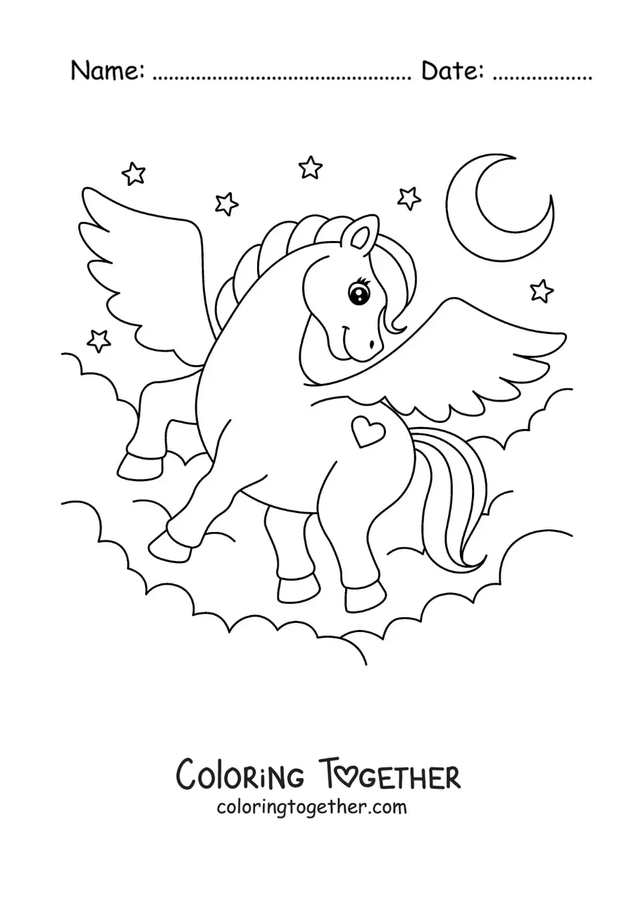 Coloring page of a magic Pegasus flying