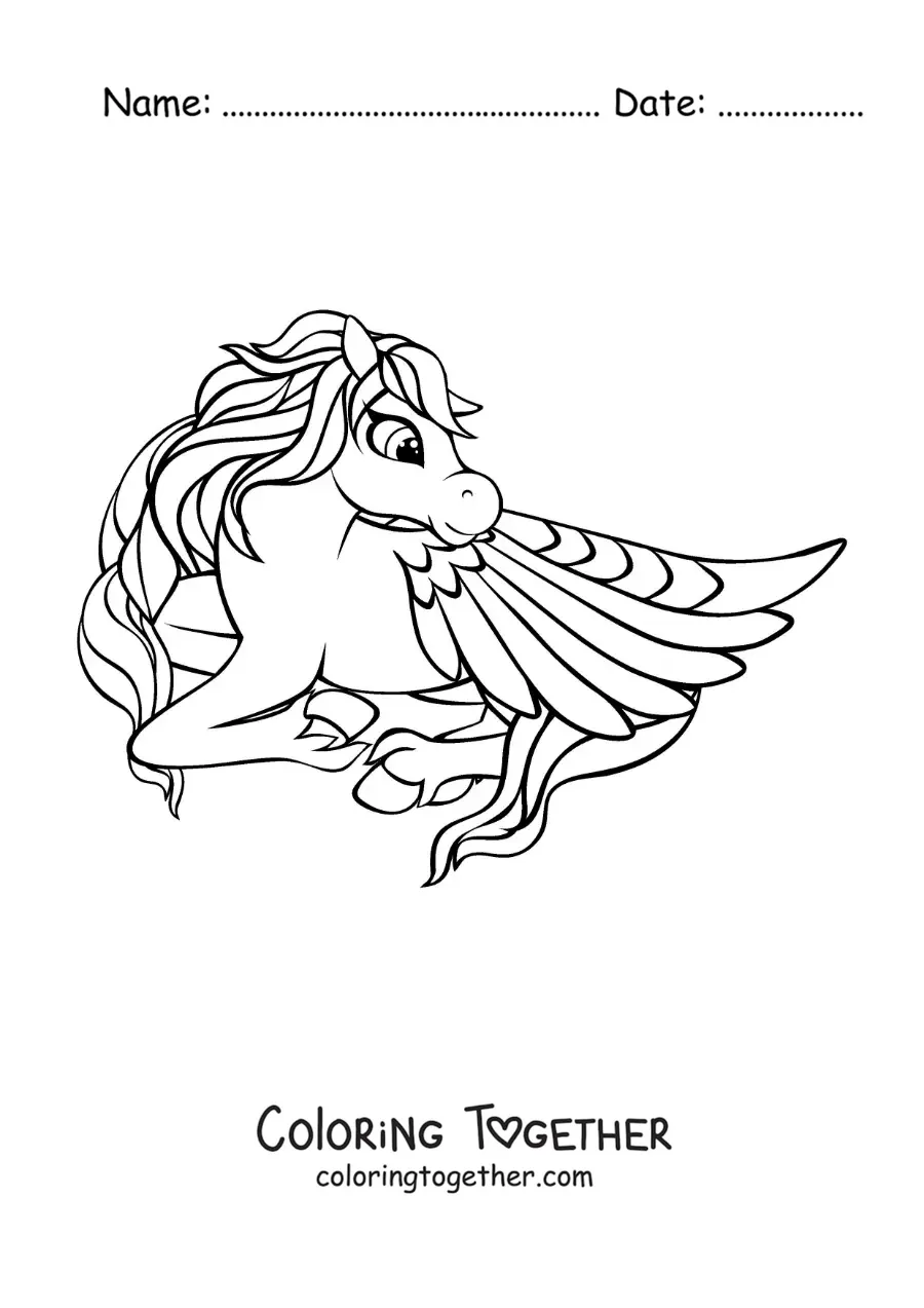 Coloring page of a winged Pegasus lying down