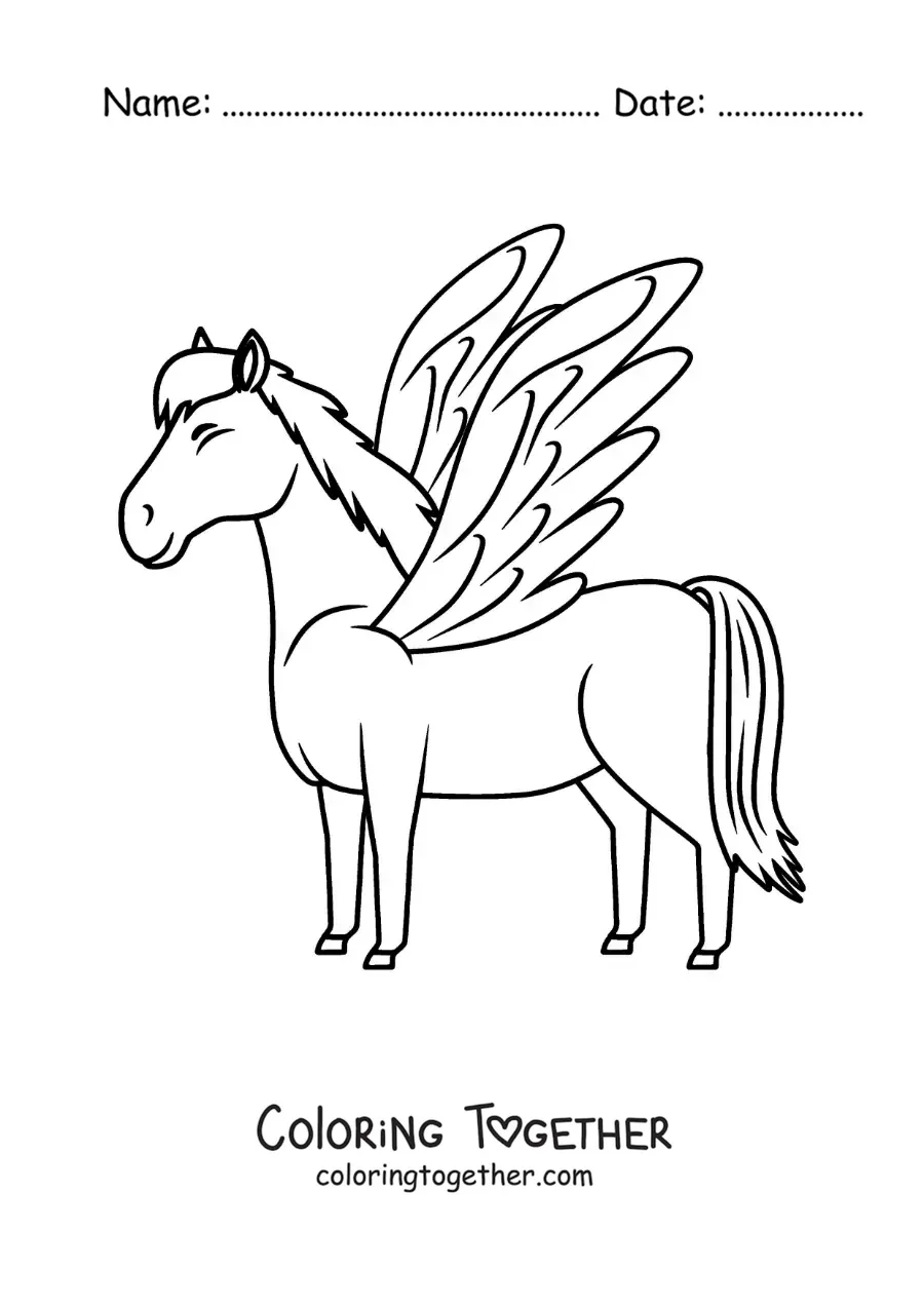 Coloring page of a cartoon winged horse