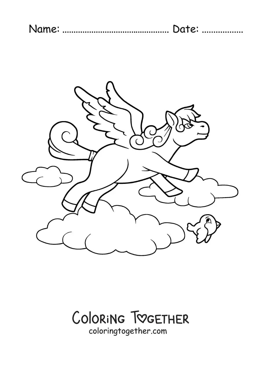Coloring page of an animated Pegasus from mythology flying
