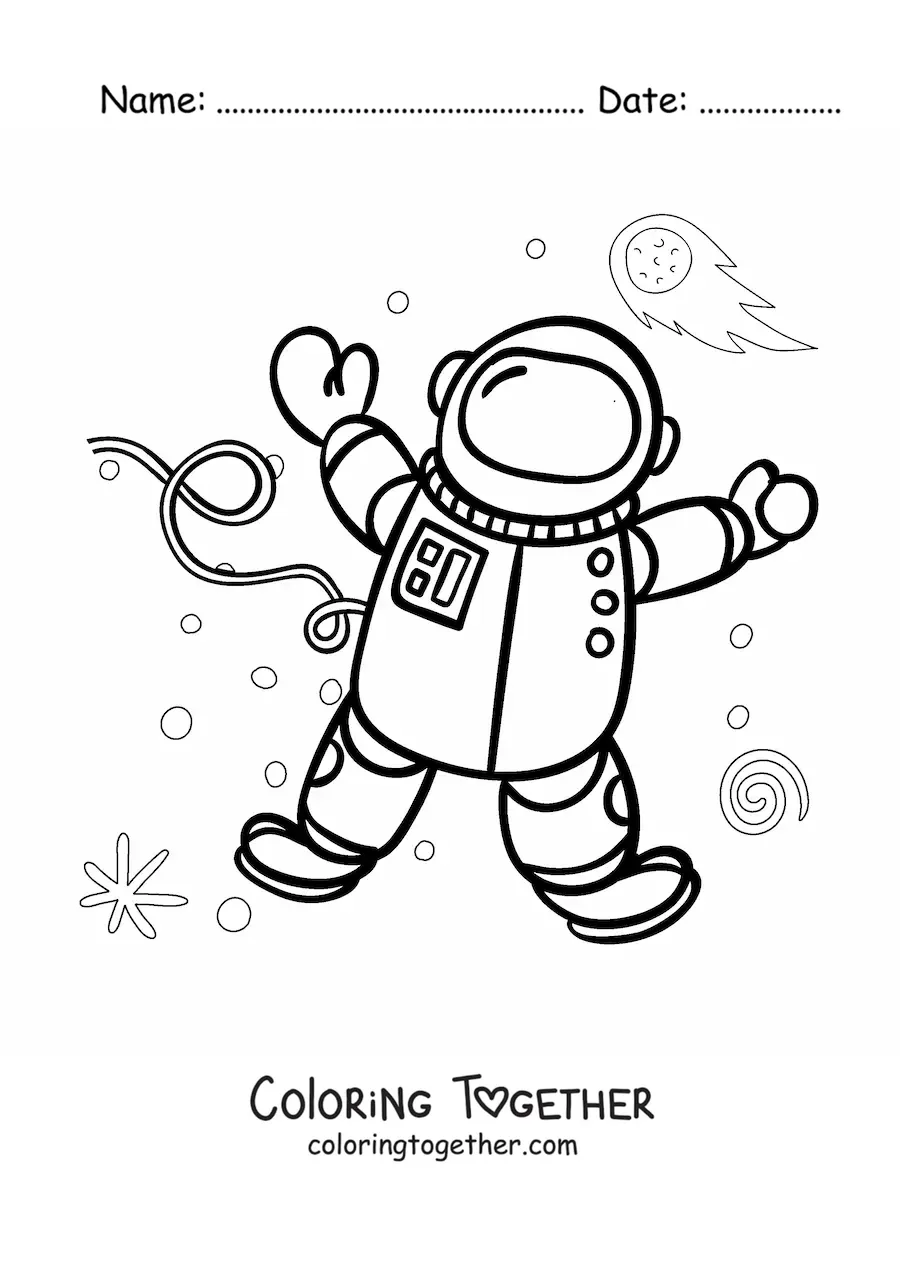 Coloring page of an astronaut floating in space