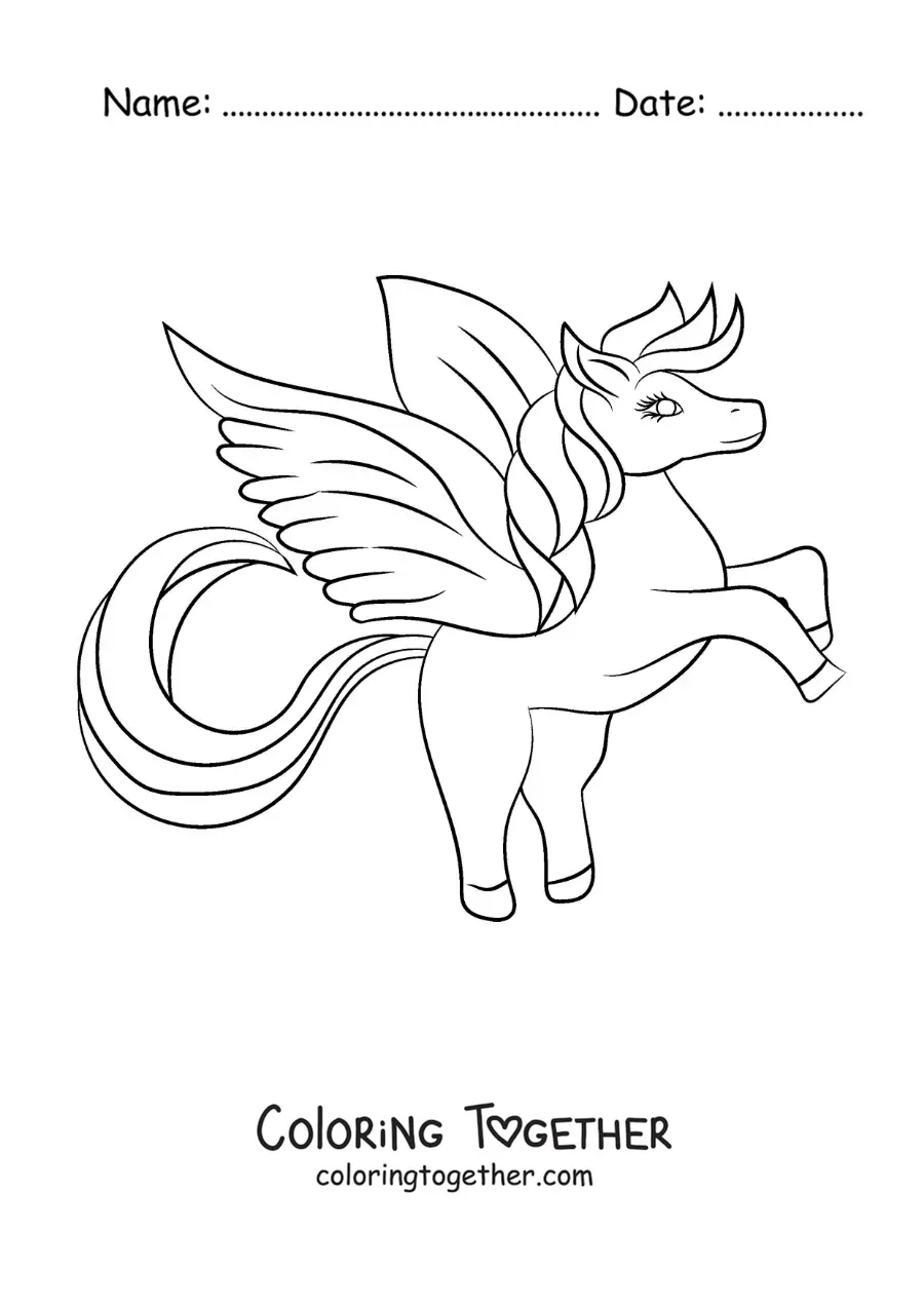 Coloring page of a kawaii animated Pegasus from Greek mythology