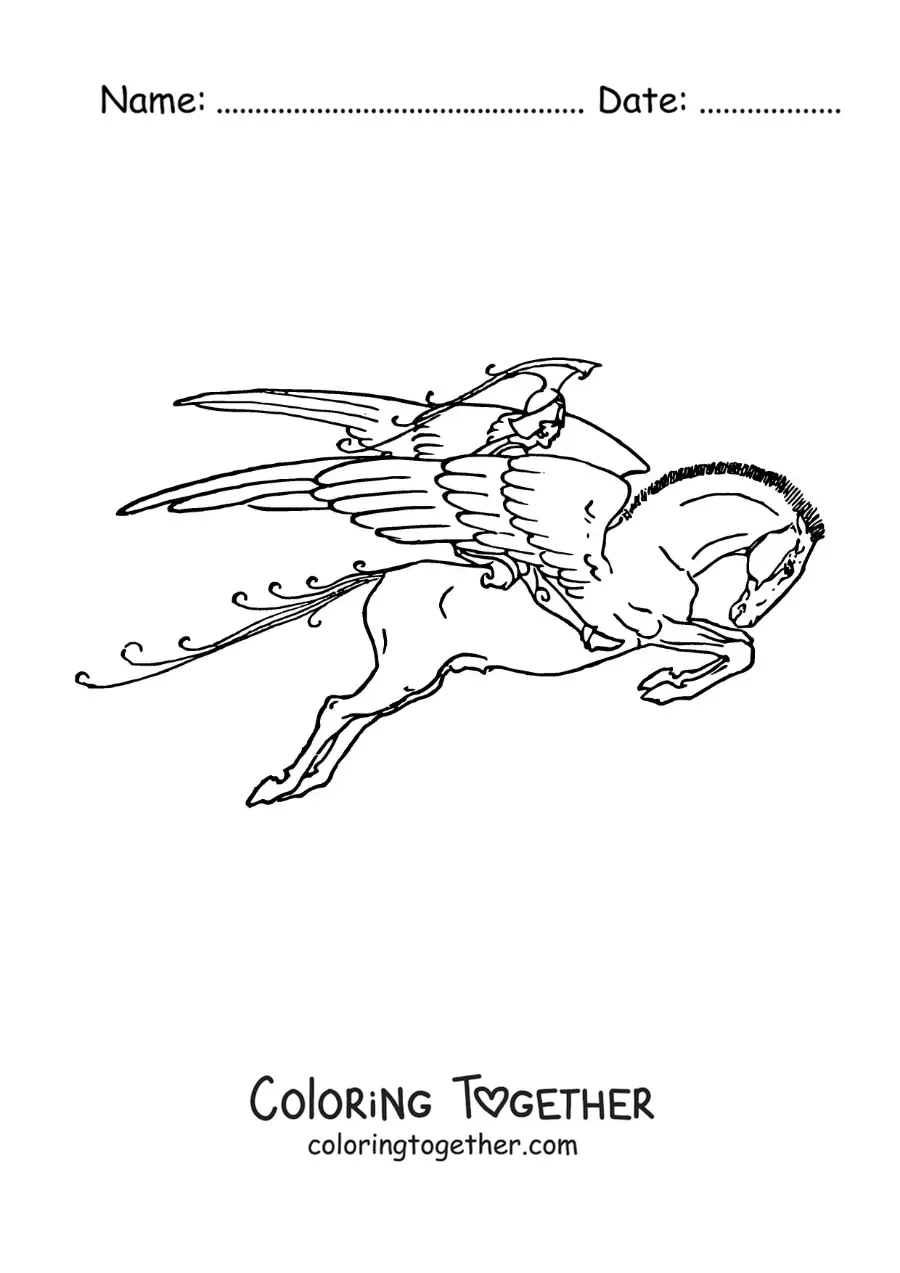Coloring page of Bellerophon flying on Pegasus