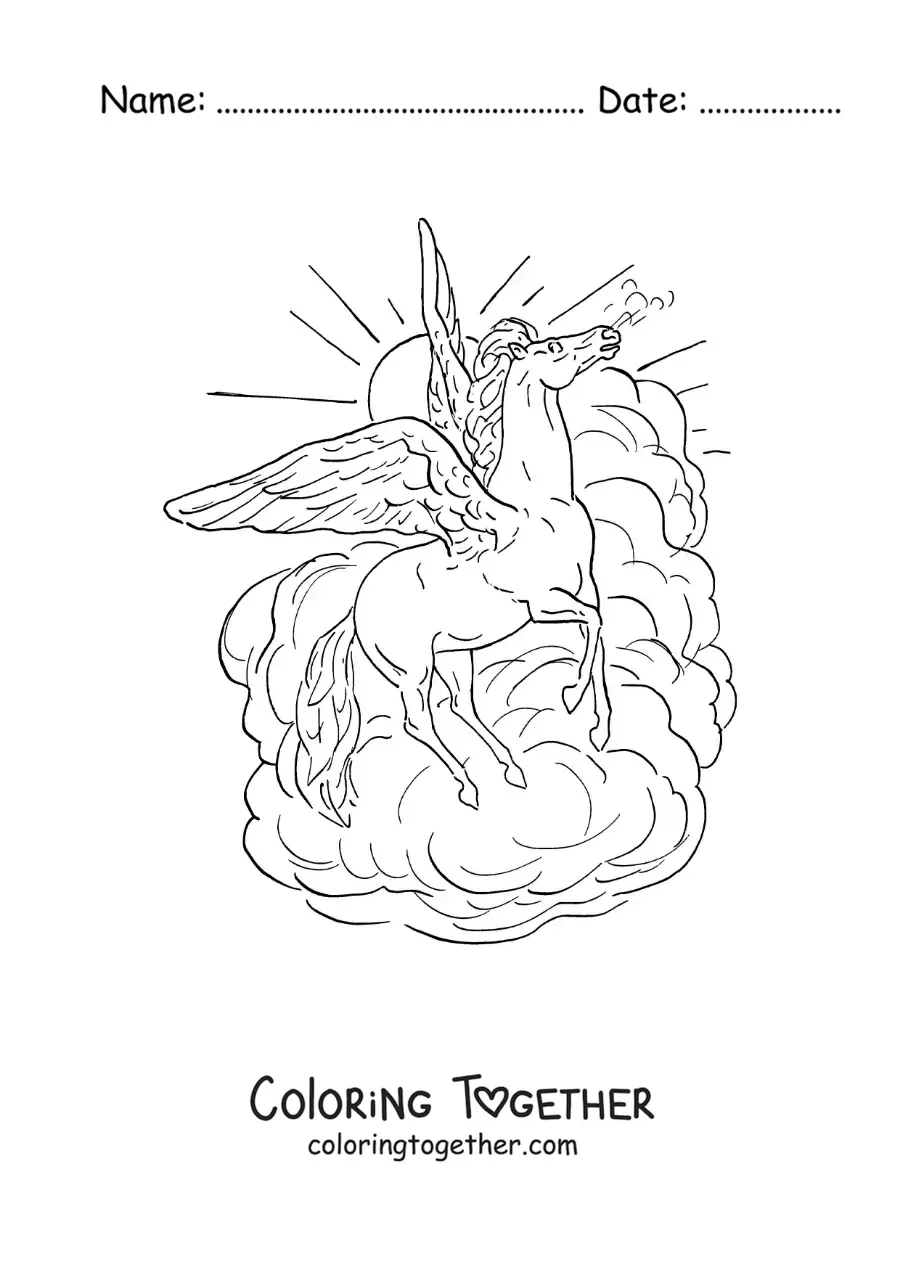 Coloring page of Pegasus flying in the sky