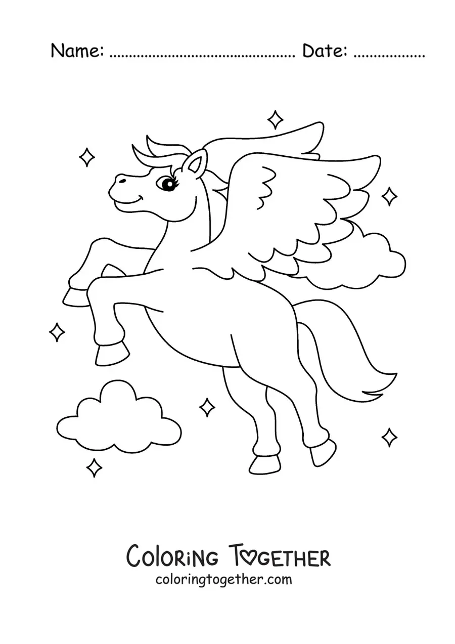 Coloring page of a magic animated Pegasus flying