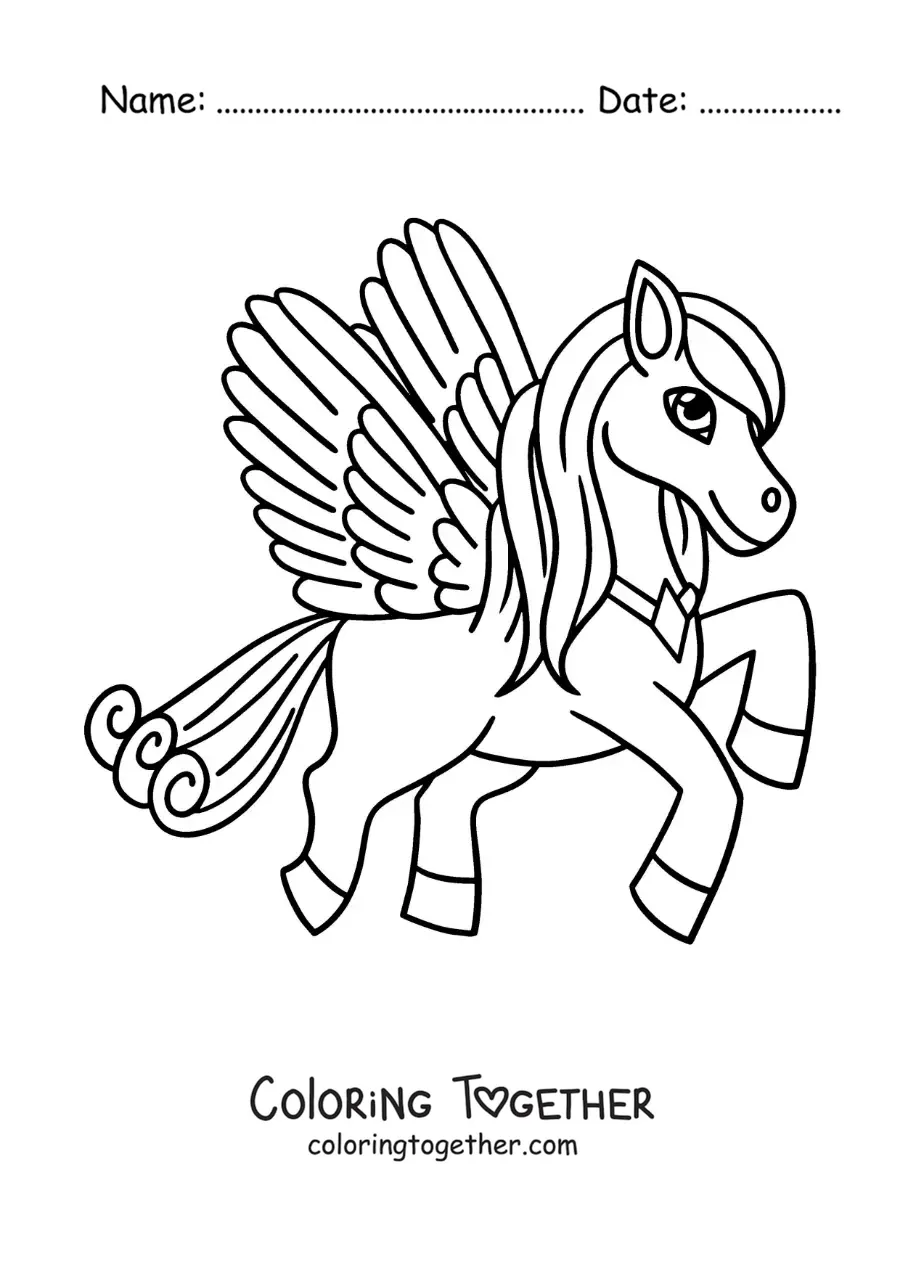 Coloring page of a beautiful animated Pegasus