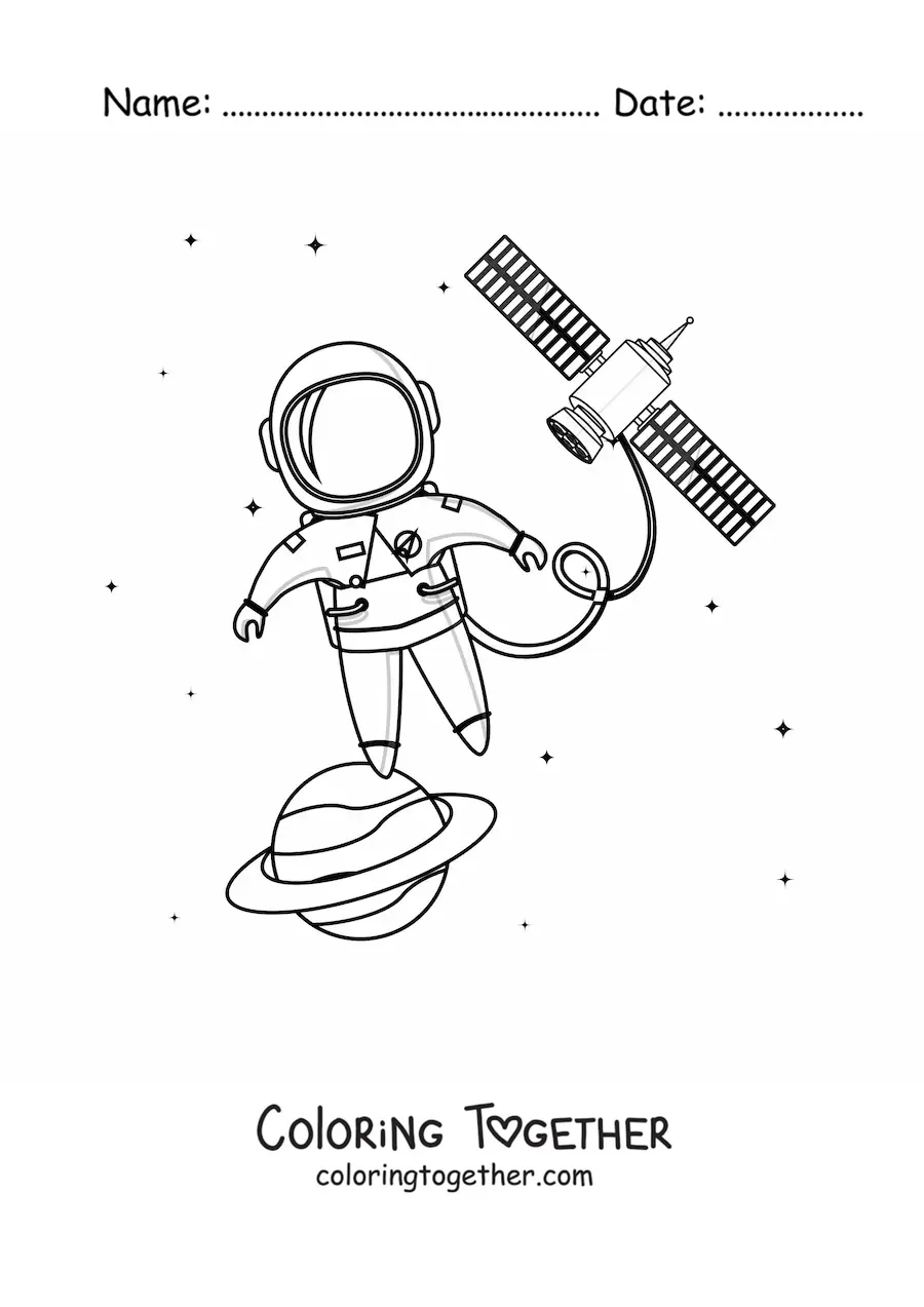 Coloring page of an astronaut in space next to a satellite