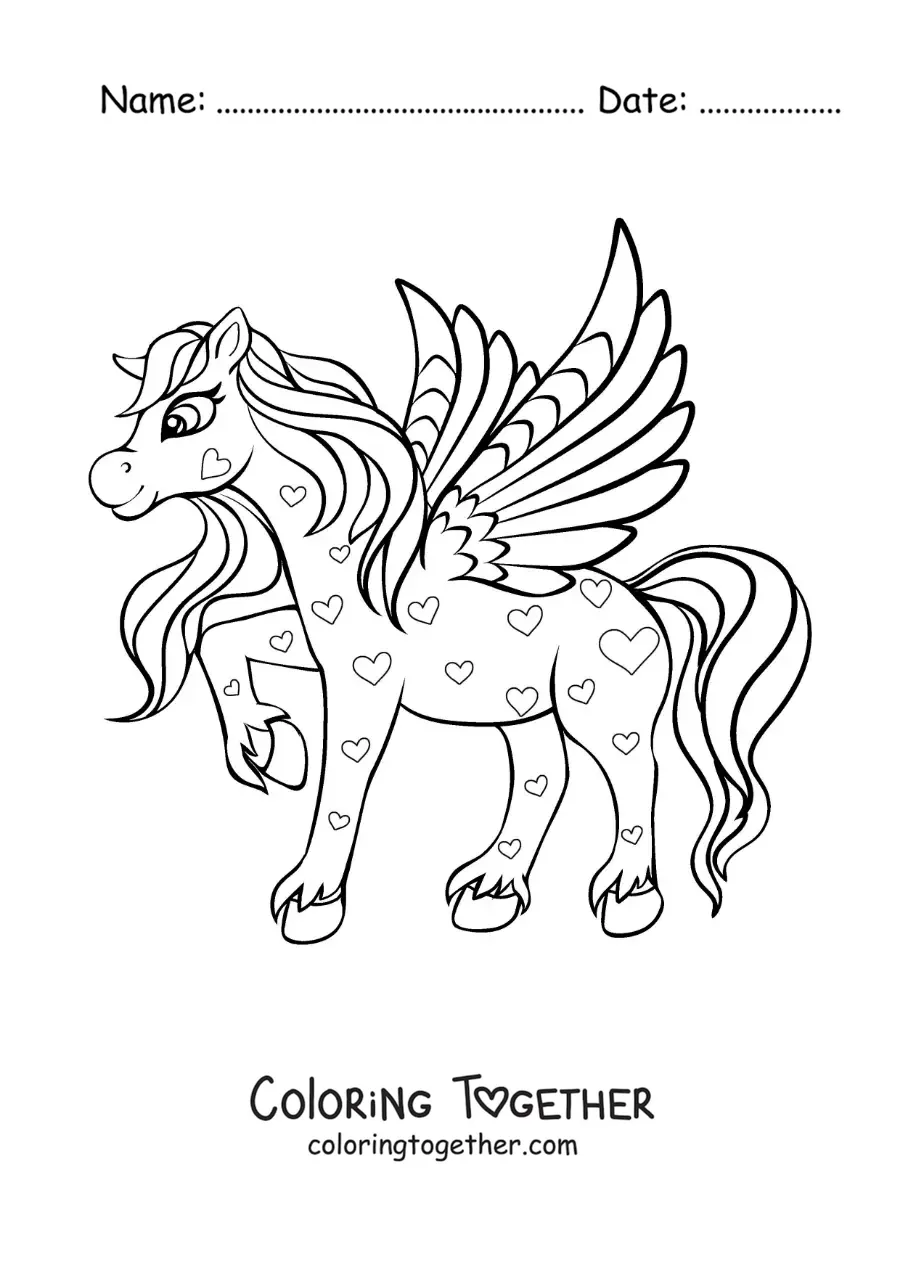 Coloring page of a beautiful winged Pegasus with hearts
