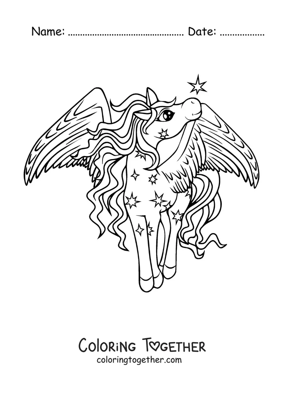 Coloring page of a beautiful magic animated Pegasus