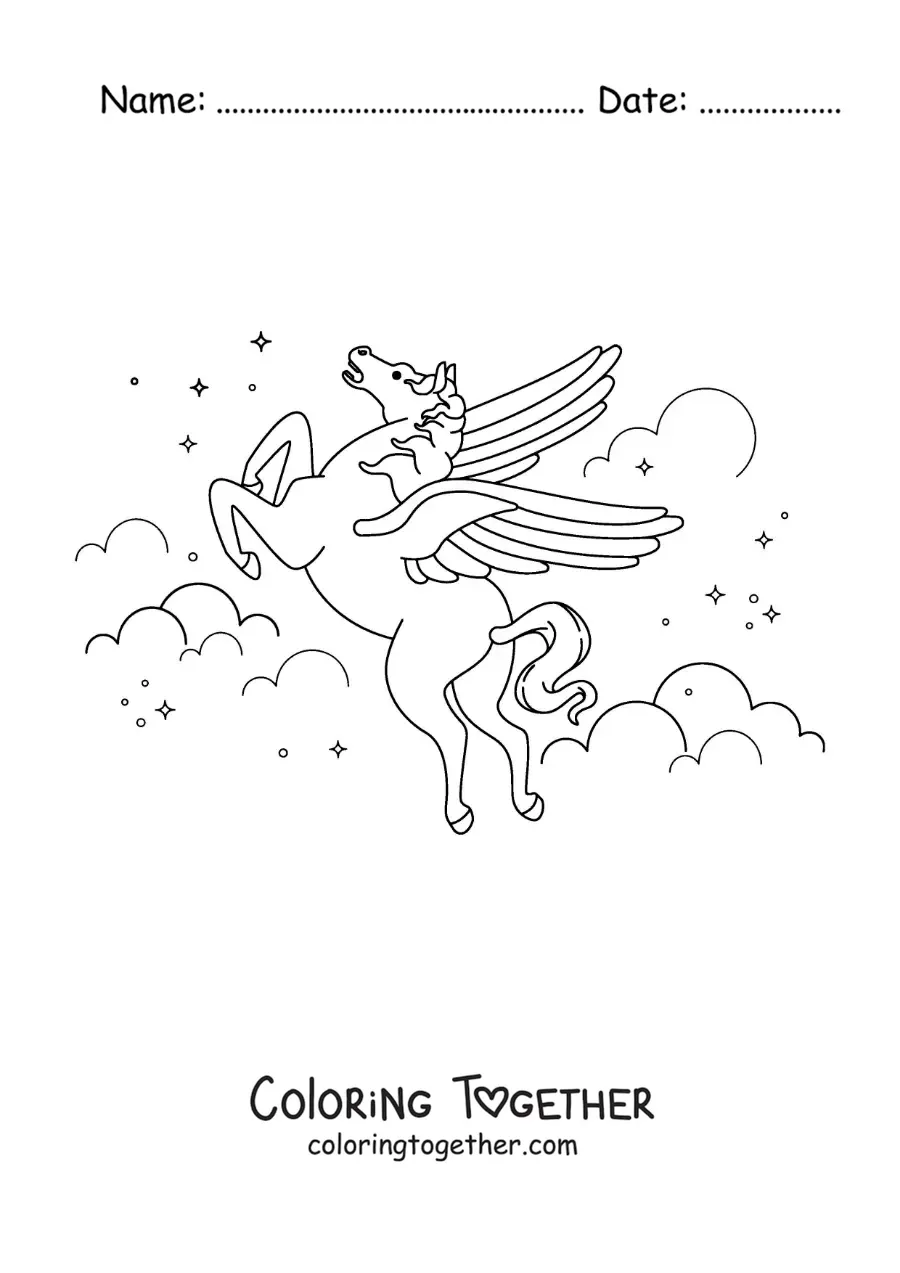 Coloring page of a magic Pegasus flying in the sky