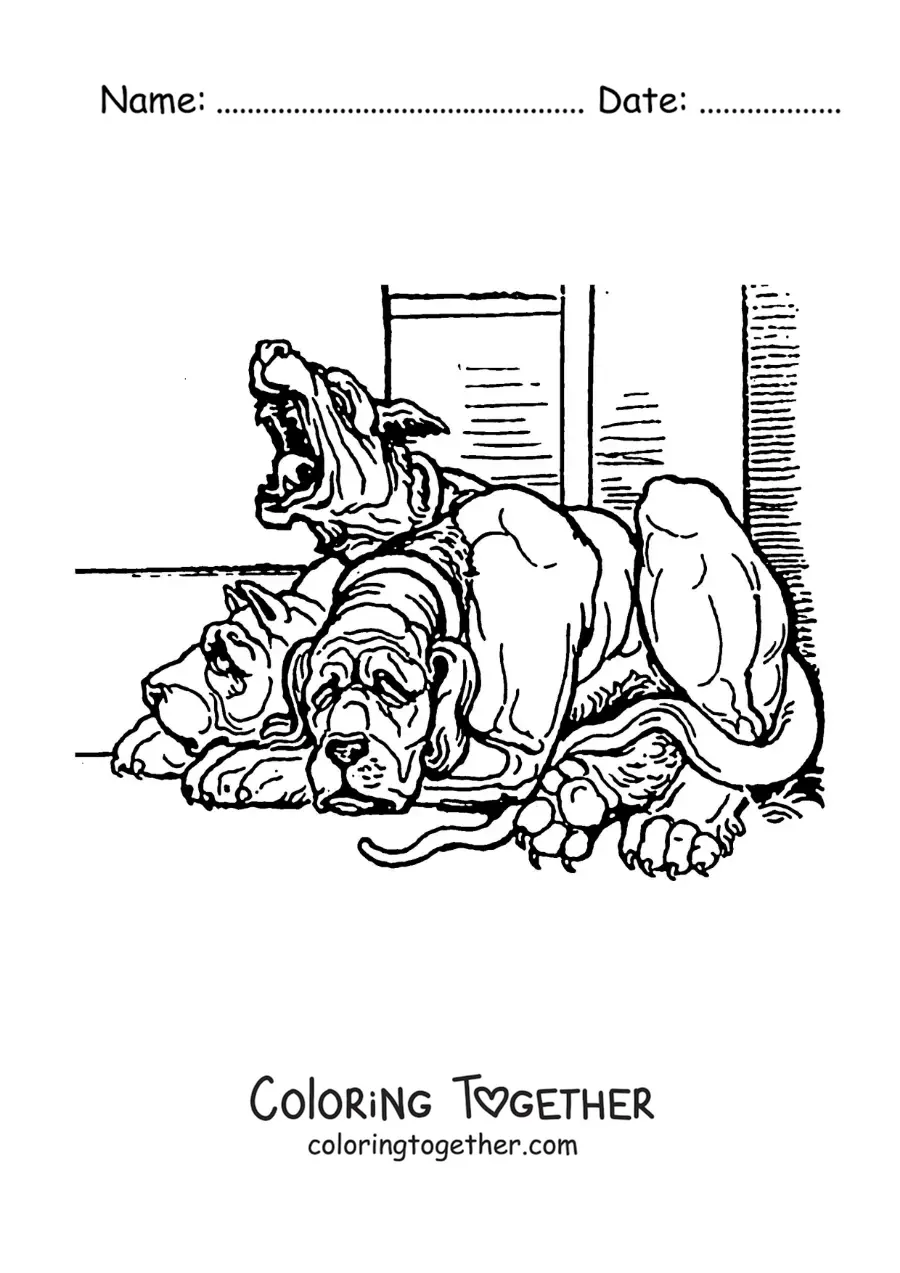 Coloring page of a realistic Cerberus
