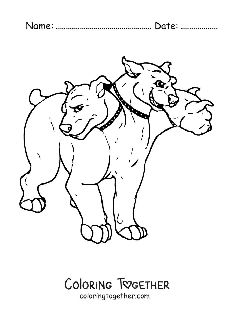 Coloring page of a cartoon three-headed Cerberus