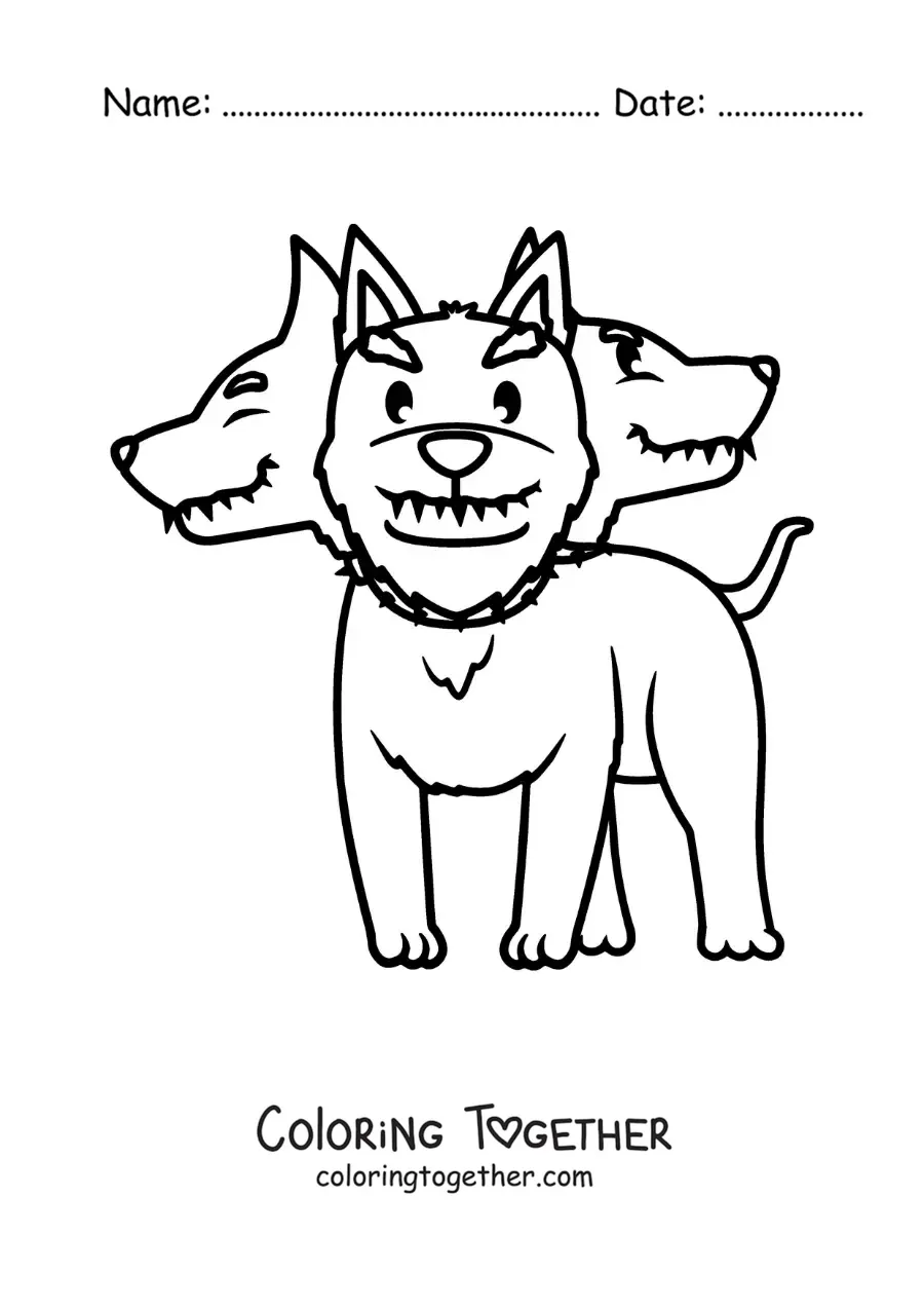 Coloring page of a kawaii cartoon Cerberus