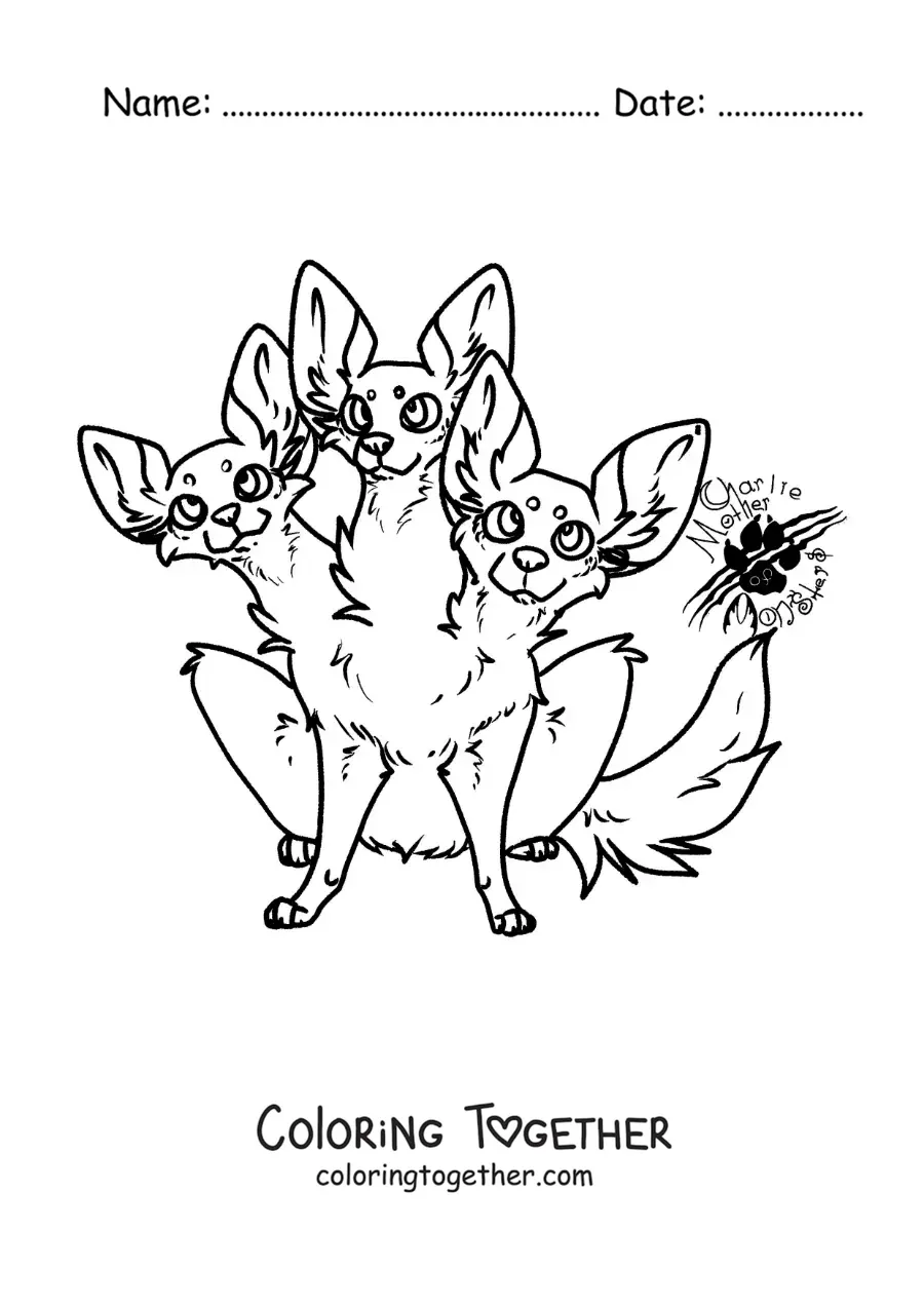 Coloring page of an animated three-headed chihuahua