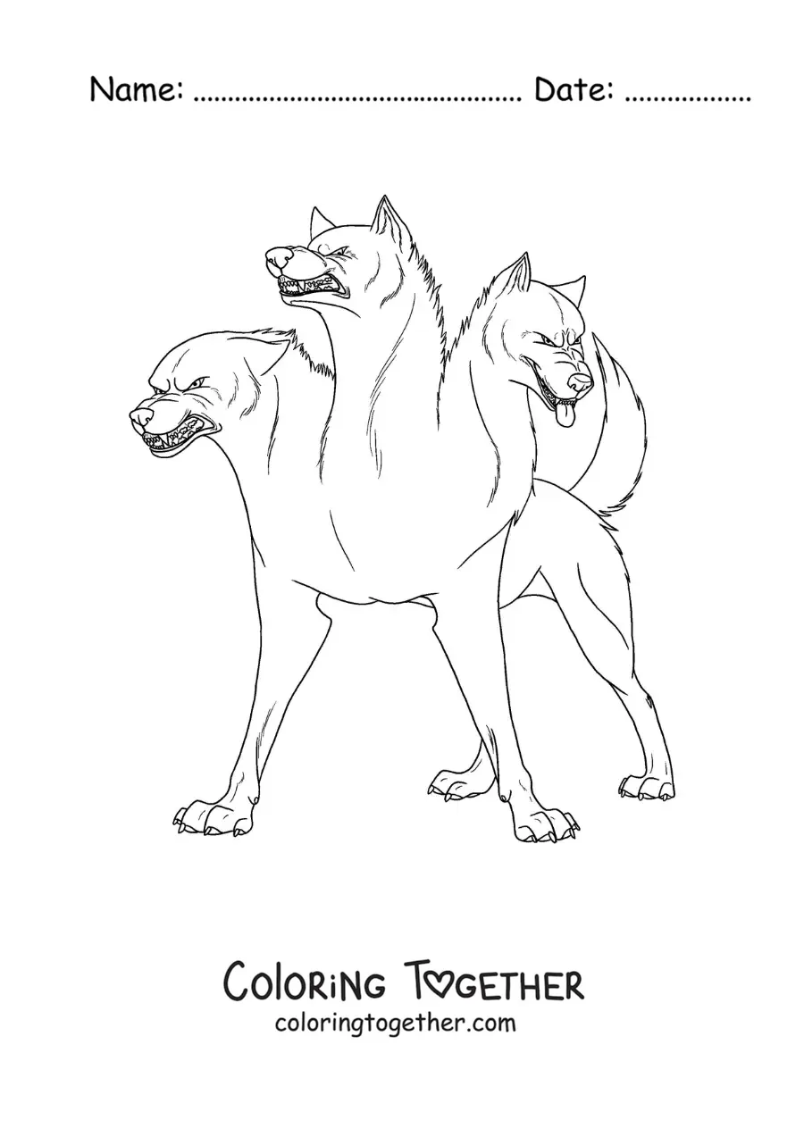 Coloring page of Cerberus, guardian of the underworld