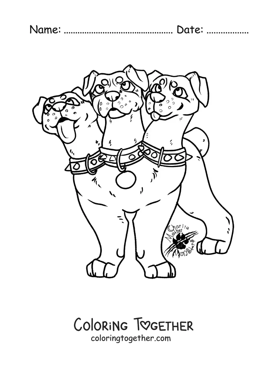Coloring page of a kawaii Cerberus from Greek mythology