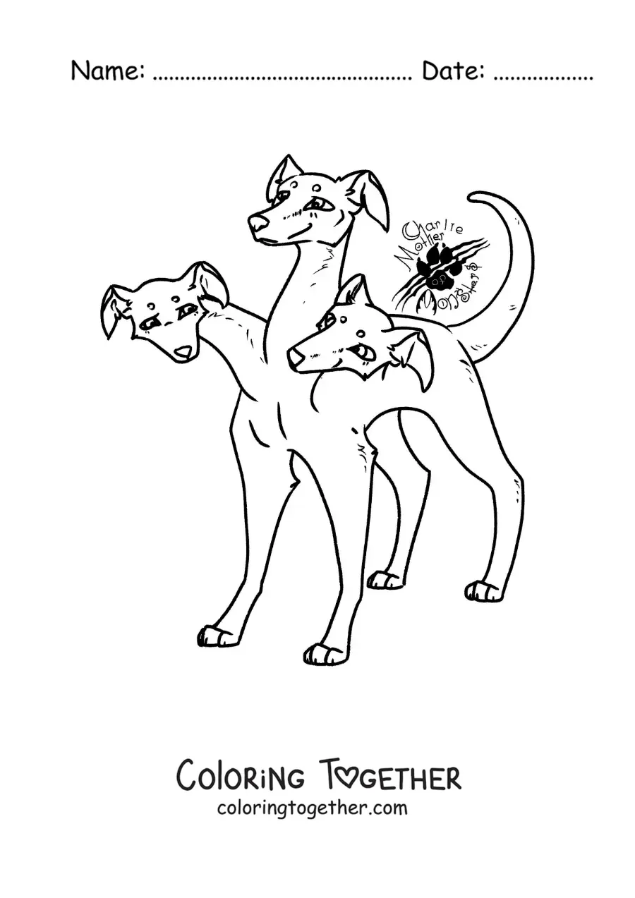 Coloring page of an animated Cerberus from mythology