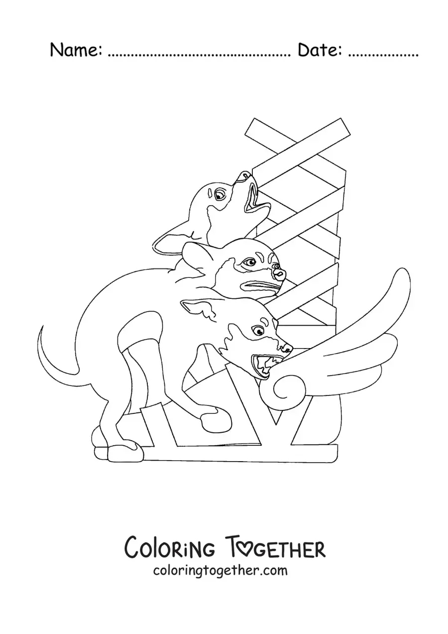 Coloring page of a cute cartoon Cerberus puppy