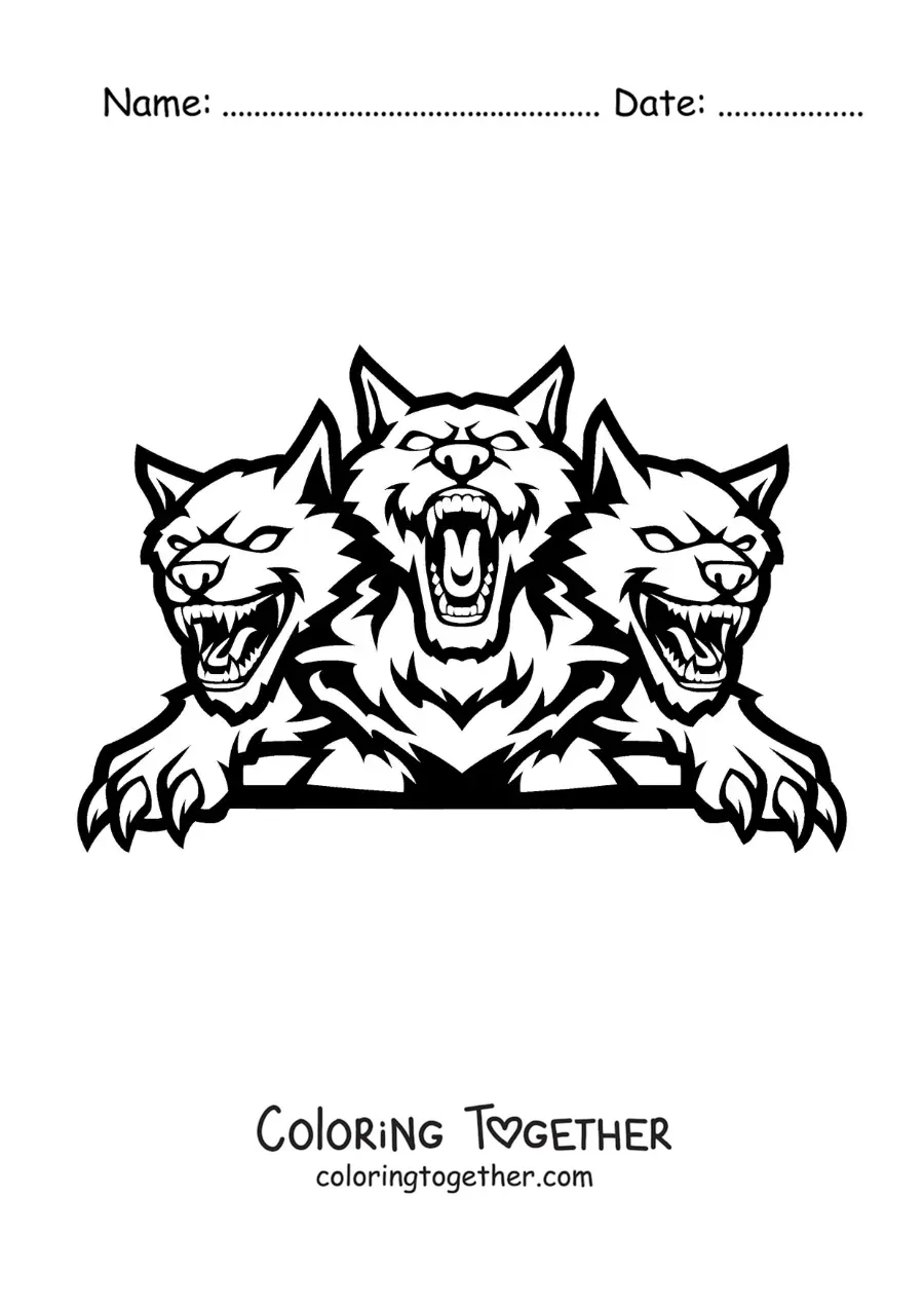 Coloring page of a monstrous Cerberus