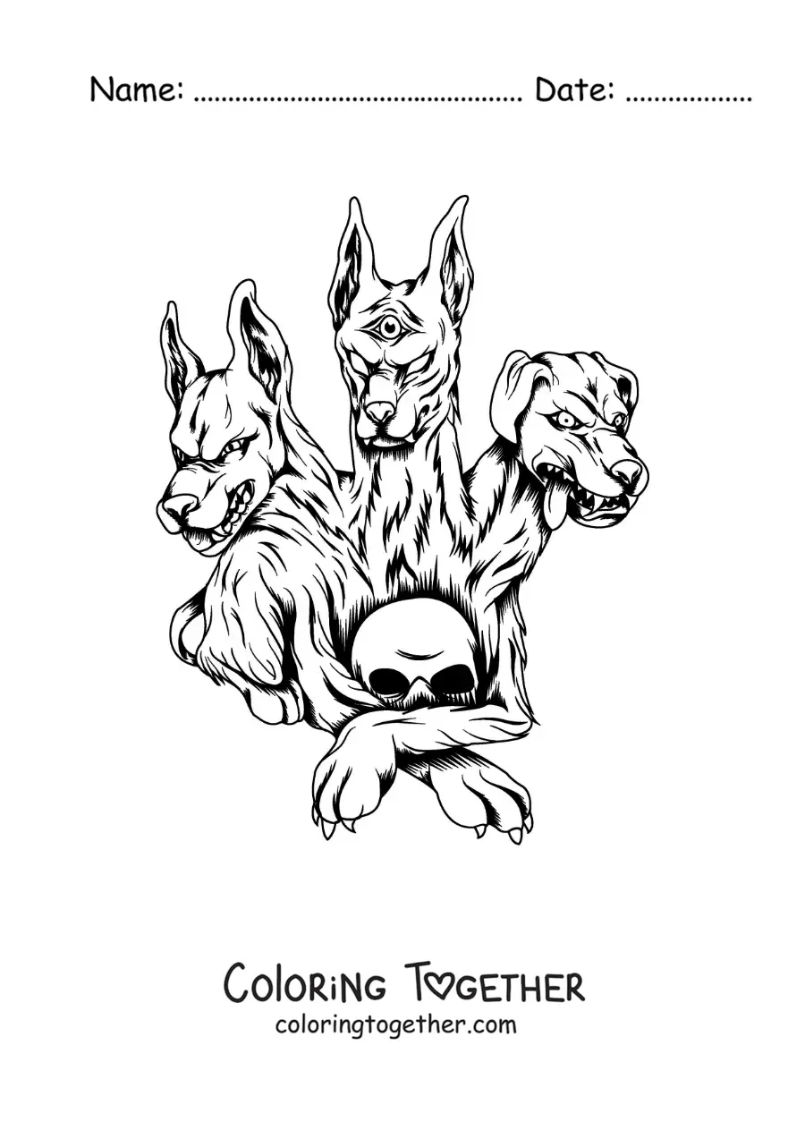 Coloring page of Cerberus the guardian of the underworld with a skull
