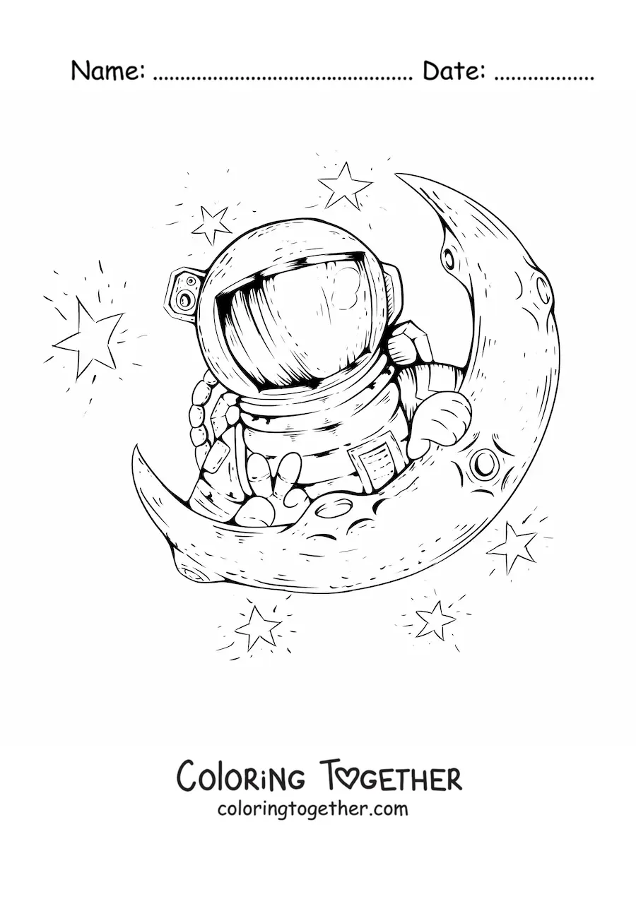 Coloring page of an astronaut peeking over a half Moon