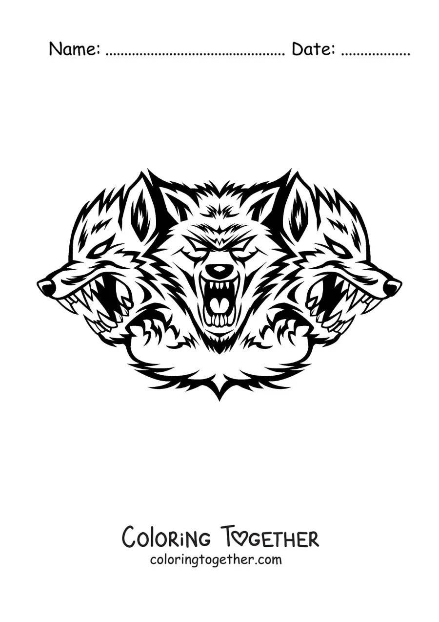 Coloring page of the 3 heads of Cerberus