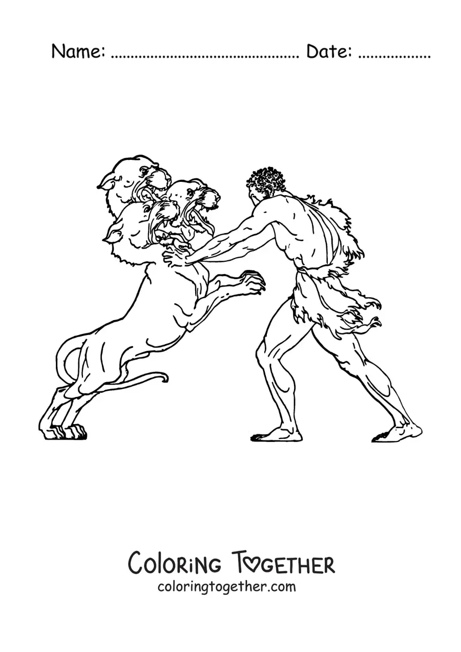 Coloring page of Hercules fighting against Cerberus